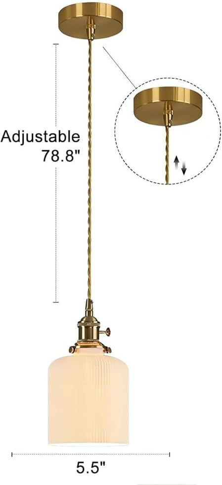 Modern White Opal Glass Pendant Light, Nordic Vintage Adjustable Hanging Lamp with Brushed Brass Finish, Ceiling Fixture for Kitchen Island Bathroom Bedroom Dining Room(5.5')