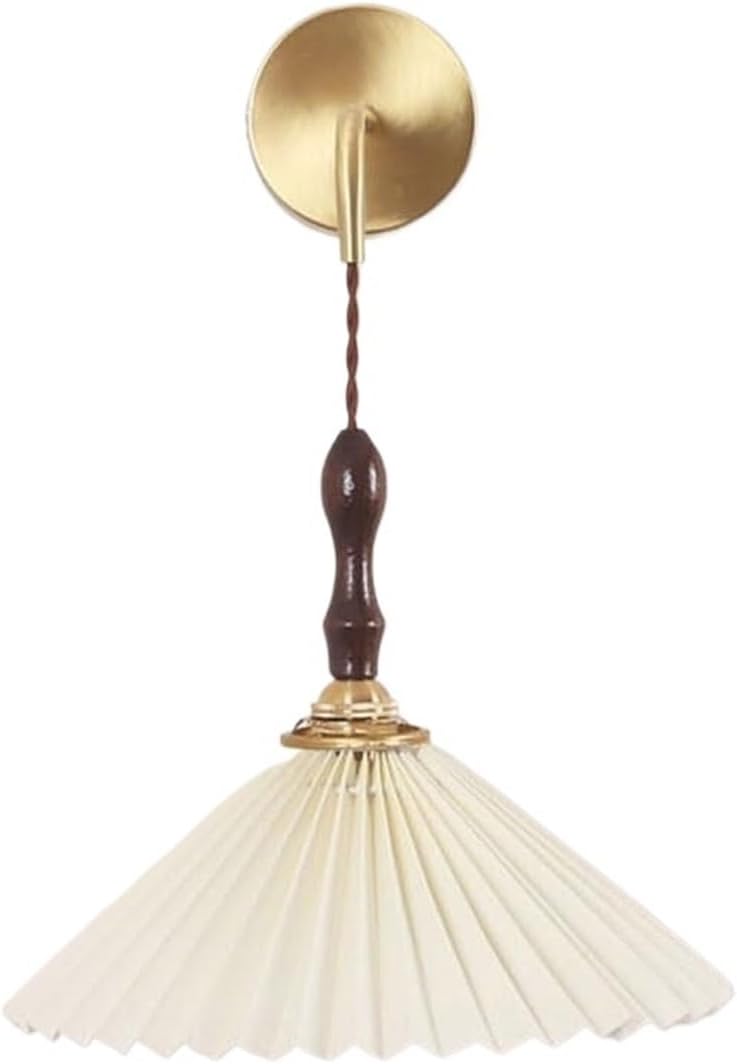 Wall Lamps Sconces Scandinavian Walnut Nightstand Wall Fixture Brass Hallway Accent Light with Pleated Fabric Cover Gold Tone Lamp Indoor Wired Mid-Century Bedroom Mounted Lighting for Bathroom D