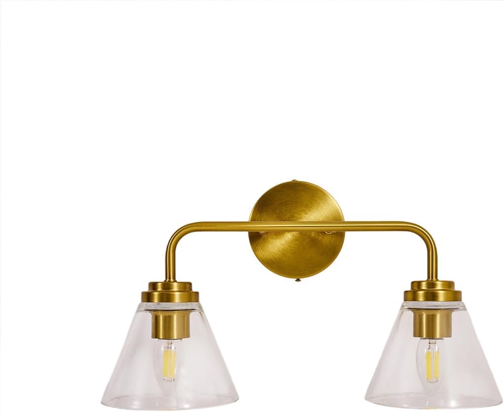 ANDY STAR Vanity Lights for Bathroom 2 Light - Brushed Gold Bathroom Light Fixtures with Clear Cone-Shaped Glass, Brass Modern Geometric Design Wall Lights for Hallway, Bedroom, E26 Base (No Bulbs)