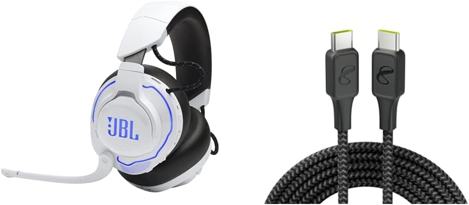 JBL Quantum 910P Wireless - Gaming Headset for Playstation (White) and InfinityLab InstantConnect USB-C to USB-C - 100W PD Ultra-Fast Charging Cable for USB-C Devices - Black 5 feet