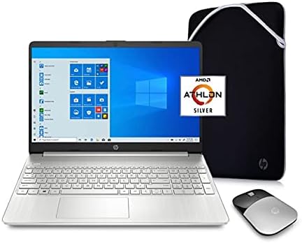 HP 2021 15.6' Laptop Computer, Athlon N3050, 4GB DDR4 RAM, 128GB NVMe SSD, Wireless Mouse, Sleeve, Silver, Windows 10 Home in S Mode with Microsoft 365 +HDMI Cable