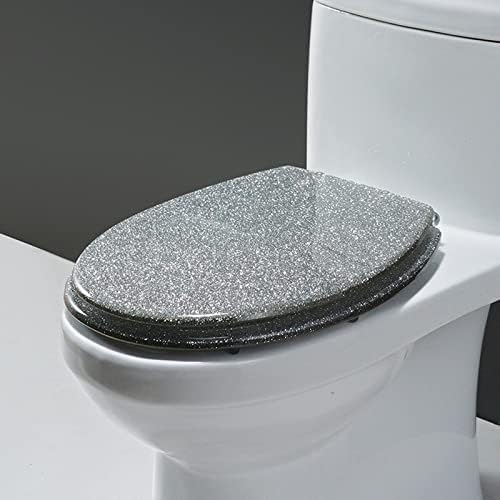 Glitter Oval Toilet Seat - Slow Close Resin Cover with Transparent Design & Gold/Silver Foil Accents, Universal Fit for Elegant Bathroom Accessories