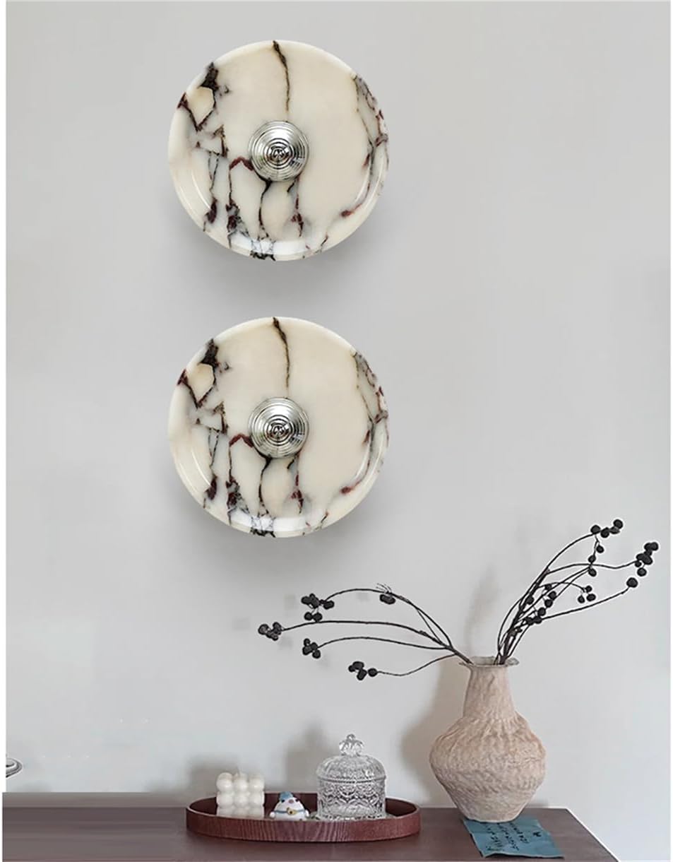 Wabi Vintage Natural Marble Wall Sconce - Circular Alabaster LED Lamp for Bathroom & Home with Gold/Silver Iron Details(Silver)