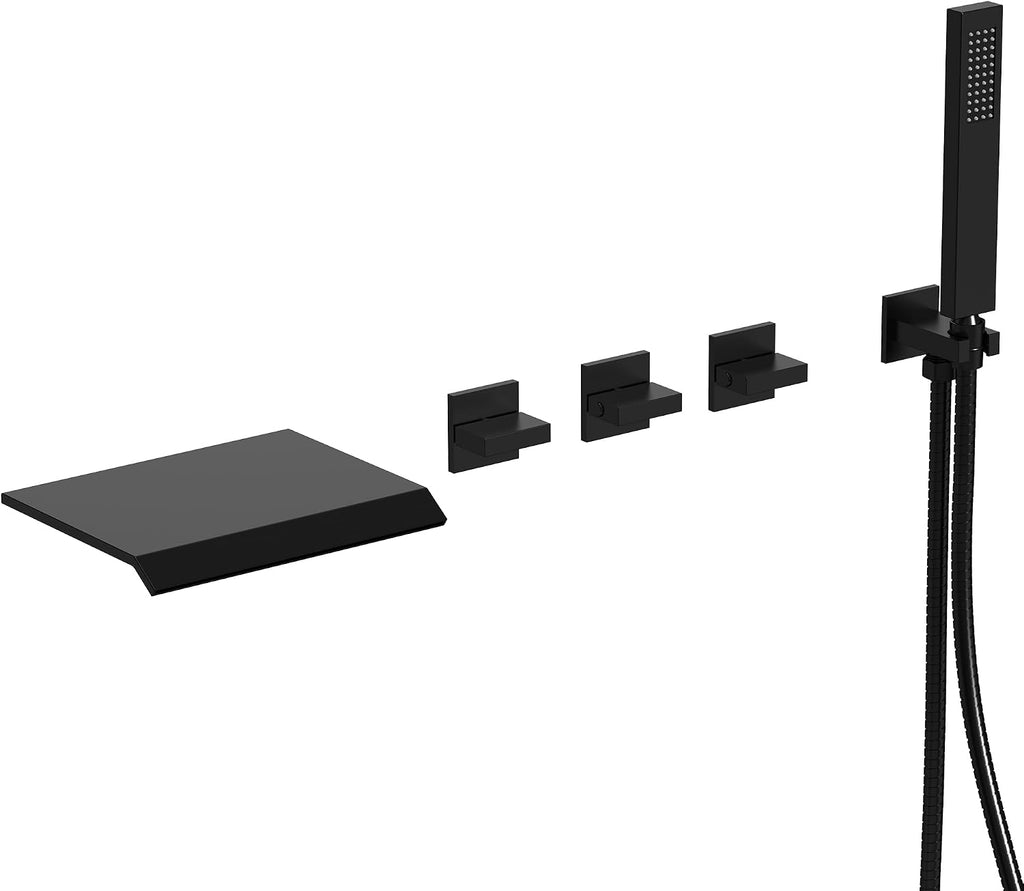 Wall Mounted Waterfall Bathtub Shower Faucet Set, 3 Handle Bathroom Shower Fixtures Set Combo with Tub Spout & Handheld Spray, Matte Black
