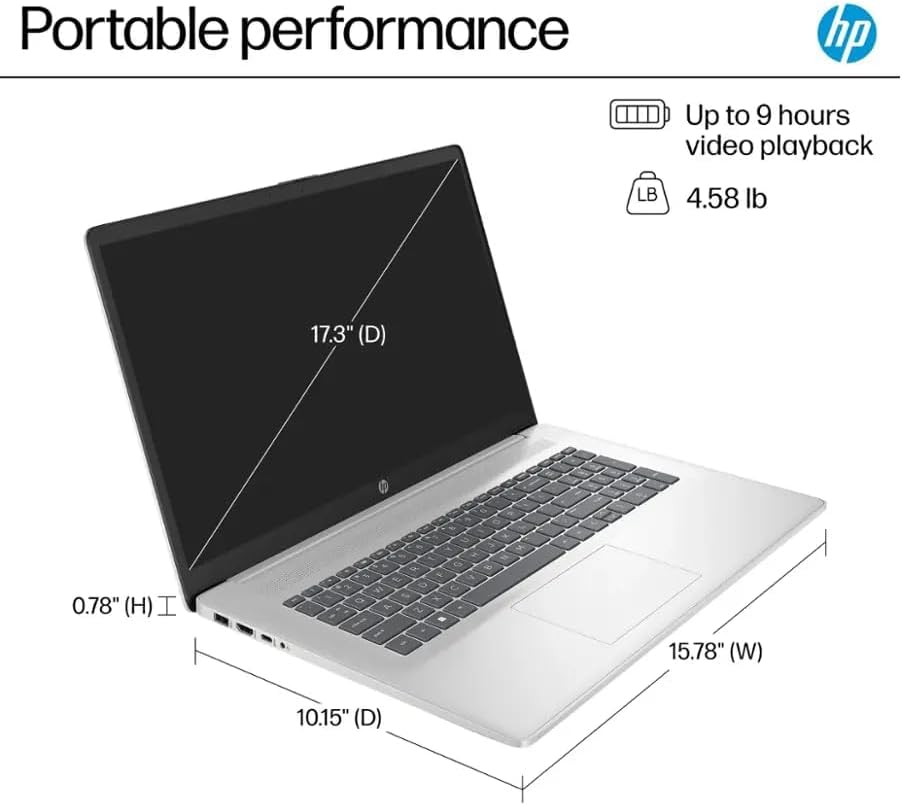 HP 17.3' FHD Display, Free Microsoft Office 2024 Lifetime License, Copilot AI Chat, 8GB LPDDR5 RAM, 512GB SSD, AMD Ryzen 5 Processor, Webcam, Numeric Keypad, Long Battery Life, Windows 11 Pro,Silver