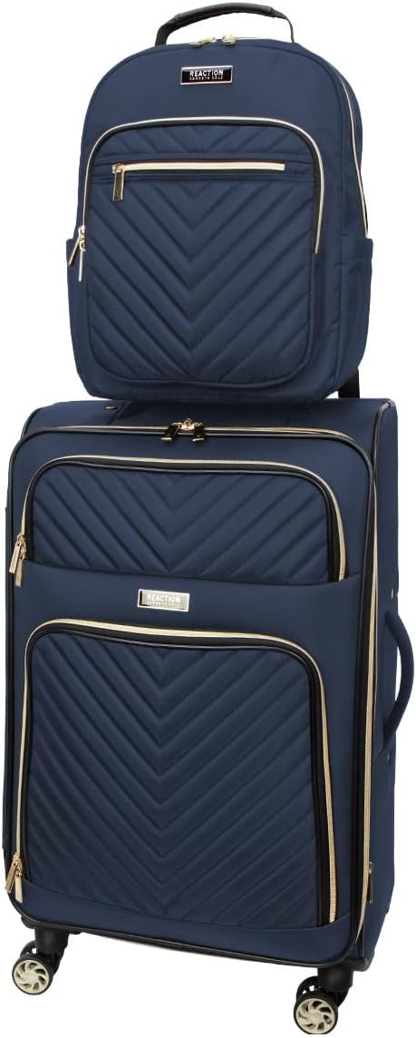 Kenneth Cole REACTION Chelsea 2-Piece Bundle - 20' Chevron Expandable 8-Wheel Carry-On Suitcase & Matching 15' Laptop Backpack, Navy