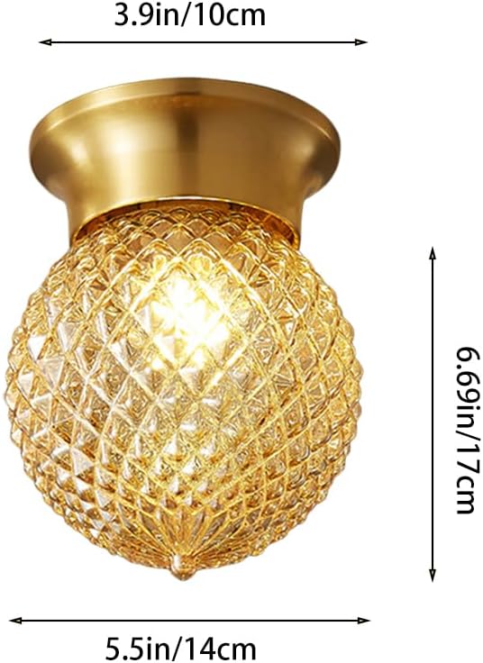 Ceiling Lights Modern Brass Flush Mount Ceiling Light Fixture with Textured Glass Globe Shade Base Gold Tone Hallway Entryway Balcony Lamp for Small Spaces Decor(A)