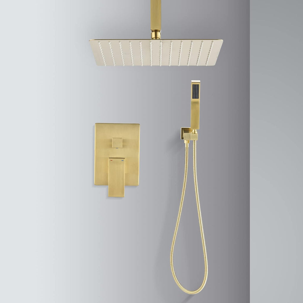Kaimei Ceiling Mounted Rain Shower System Combo - Brushed Gold Shower Head and Handheld with 10-Inch Rainfall Spray - Easy Installation, Bathroom Shower Fixtures for Spa-Like Experience