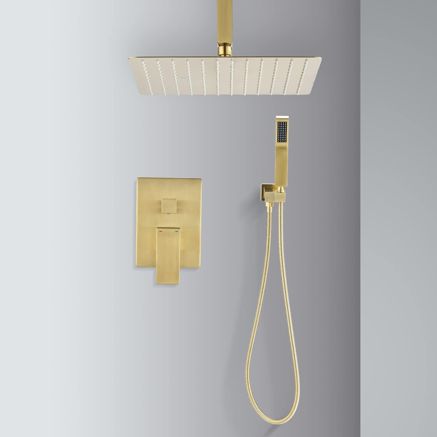 Kaimei Ceiling Mounted Rain Shower System Combo - Brushed Gold Shower Head and Handheld with 10-Inch Rainfall Spray - Easy Installation, Bathroom Shower Fixtures for Spa-Like Experience