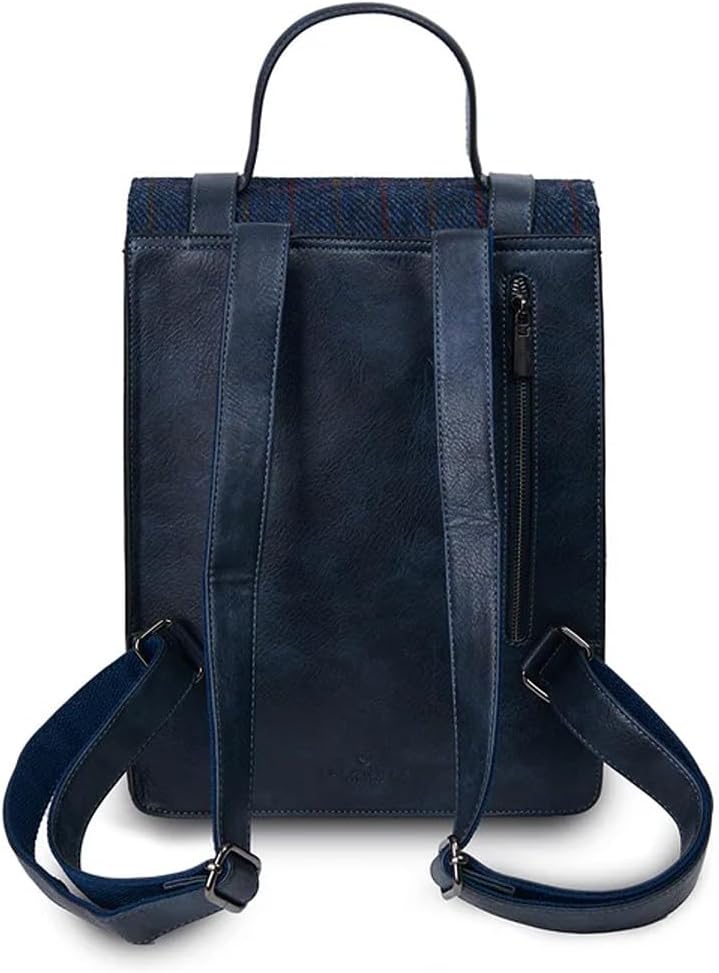 Islander Carloway Backpack for Men & Women, With Laptop Sleeve, Harris Tweed Vegan Leather (Navy Over-Check)