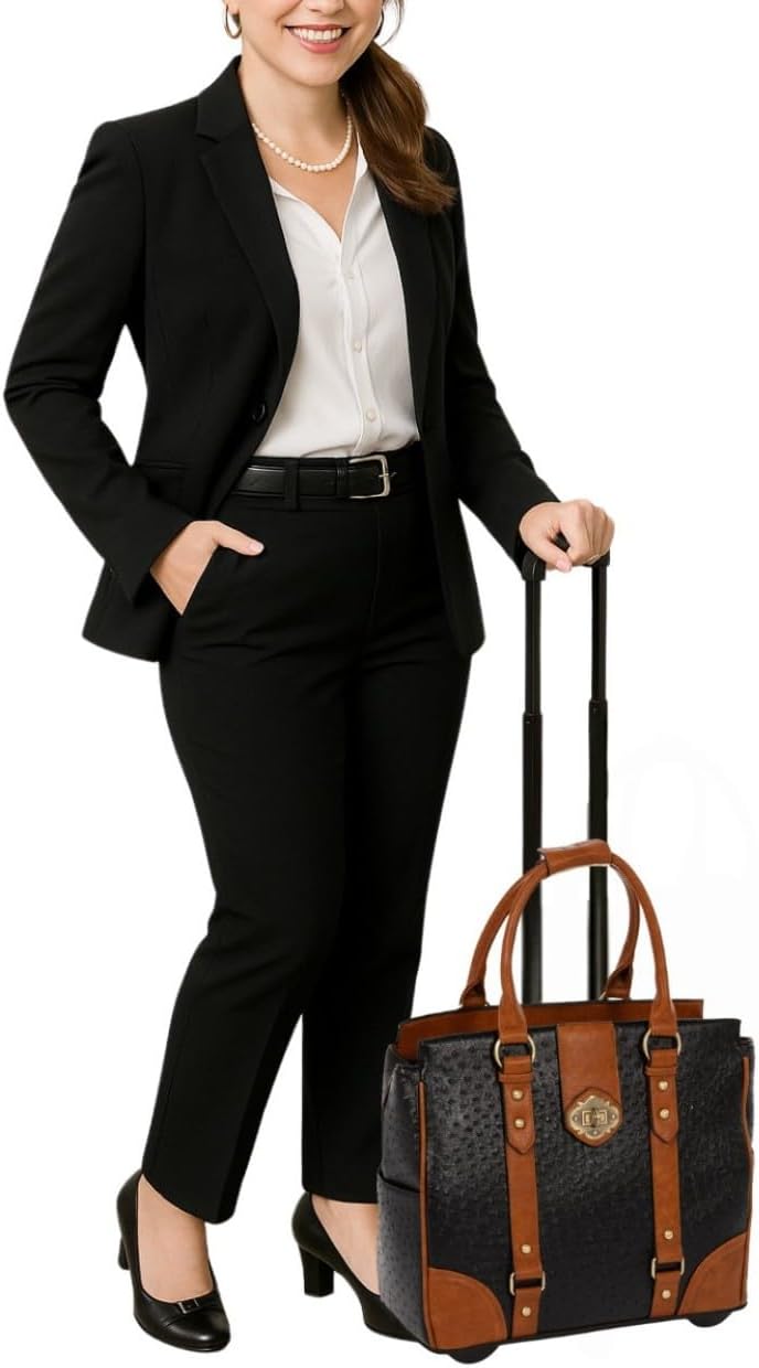JKM & Company Rolling Laptop Bag for Women | Designer Wheeled Briefcase | Fits 13-17' Laptops | Office Travel Computer Case (Ostrich)