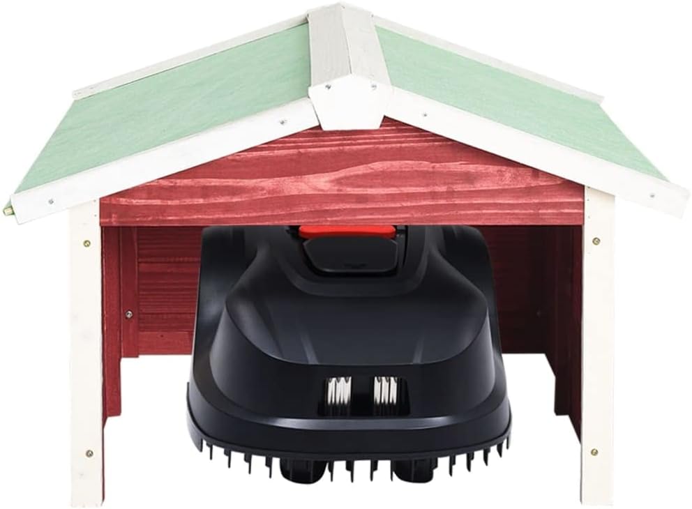 SKM Robotic Lawn Mower Garage 28.3'x34.3'x19.7', Wooden Lawn Mower Garage for Outdoor Red and White Firwood