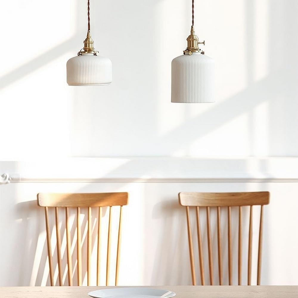 Modern White Opal Glass Pendant Light, Nordic Vintage Adjustable Hanging Lamp with Brushed Brass Finish, Ceiling Fixture for Kitchen Island Bathroom Bedroom Dining Room(5.5')