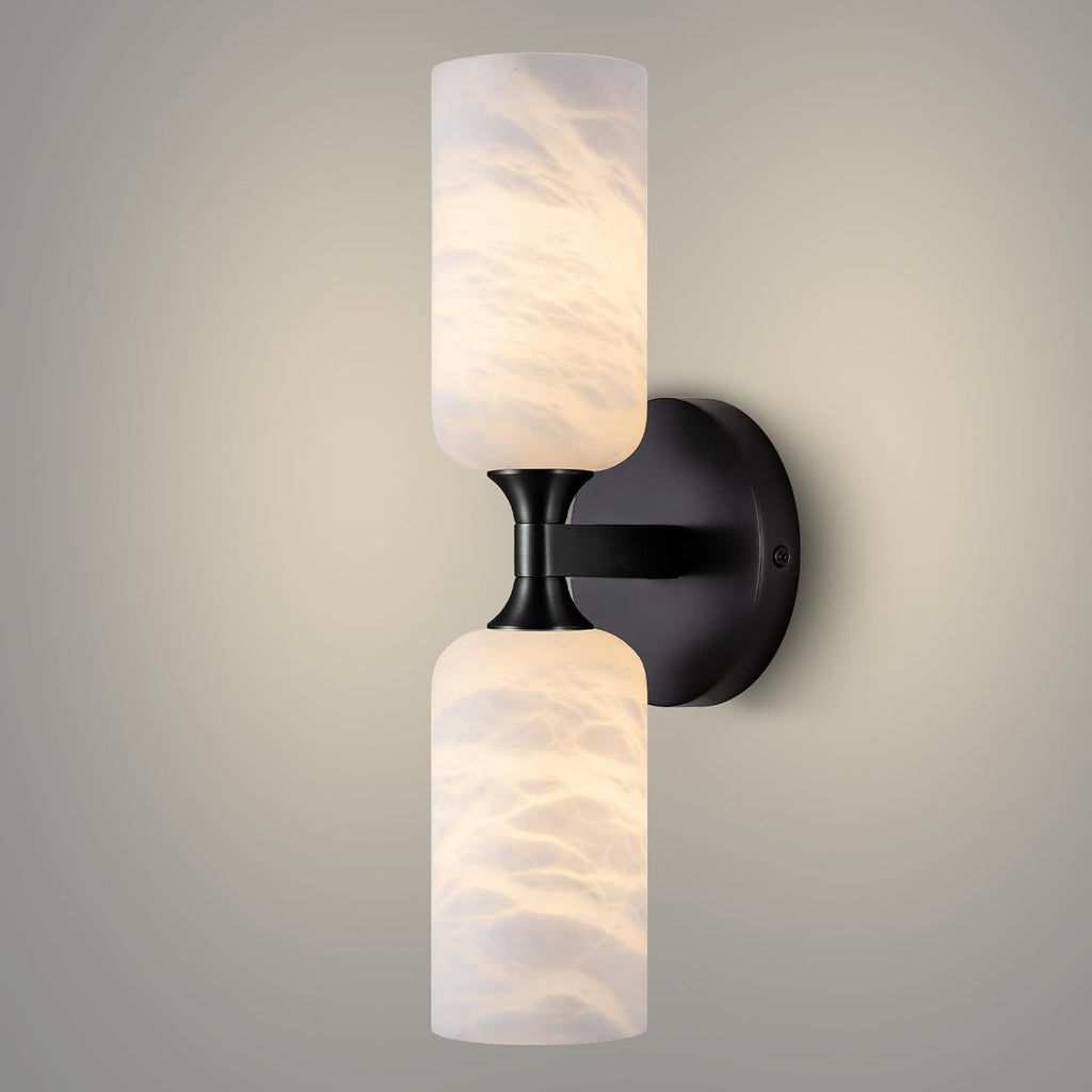 Alabaster Wall Sconce, 14in Modern Spanish Natural Marble Bathroom Vanity Sconces, Unique Indoor Black Wall Lighting Fixtures Decor for Bedroom Living Room Staircases
