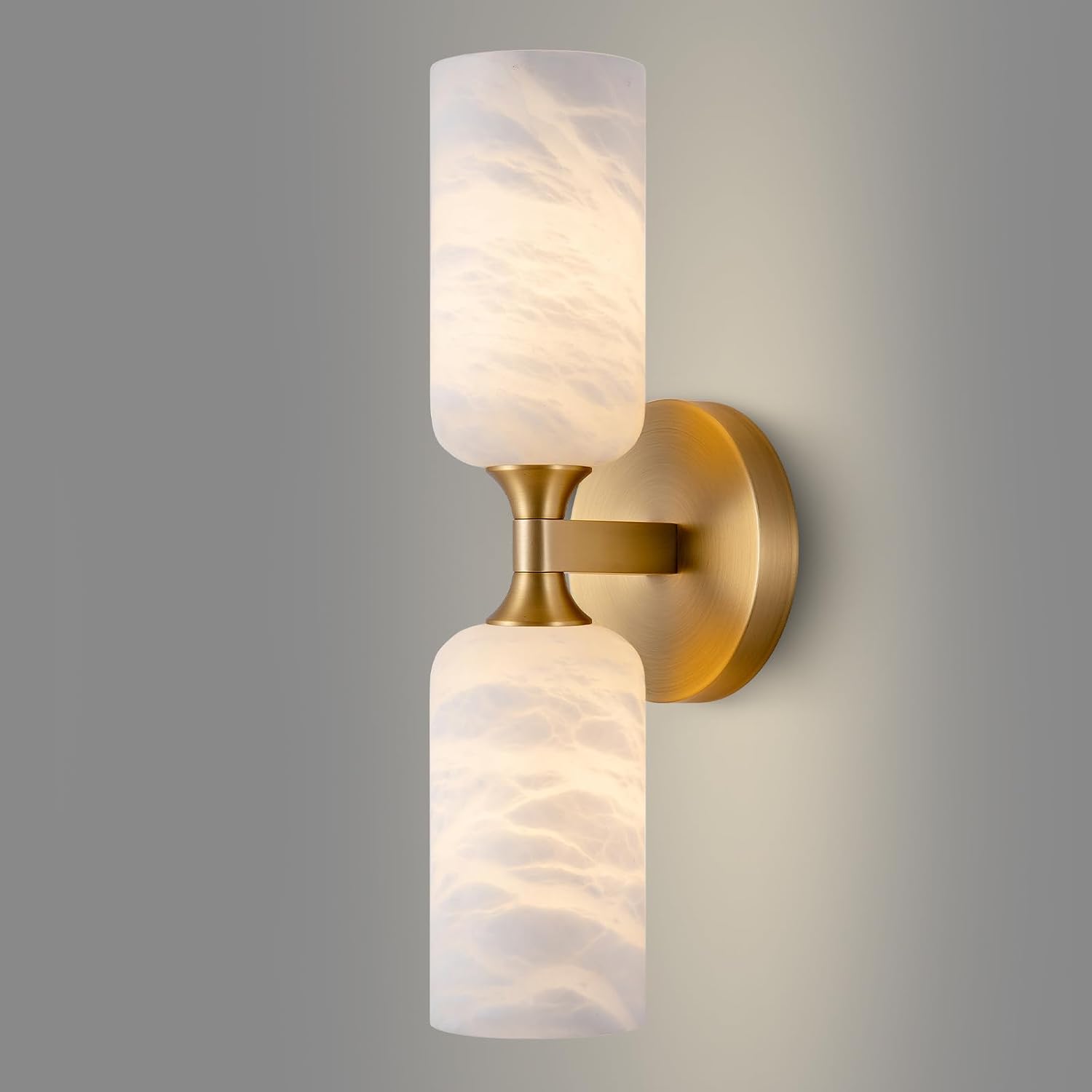 Alabaster Wall Sconce, 14in Modern Spanish Natural Marble Bathroom Vanity Sconces, Unique Indoor Brass Wall Lighting,Gold Fixtures Decor for Bedroom Living Room Staircases