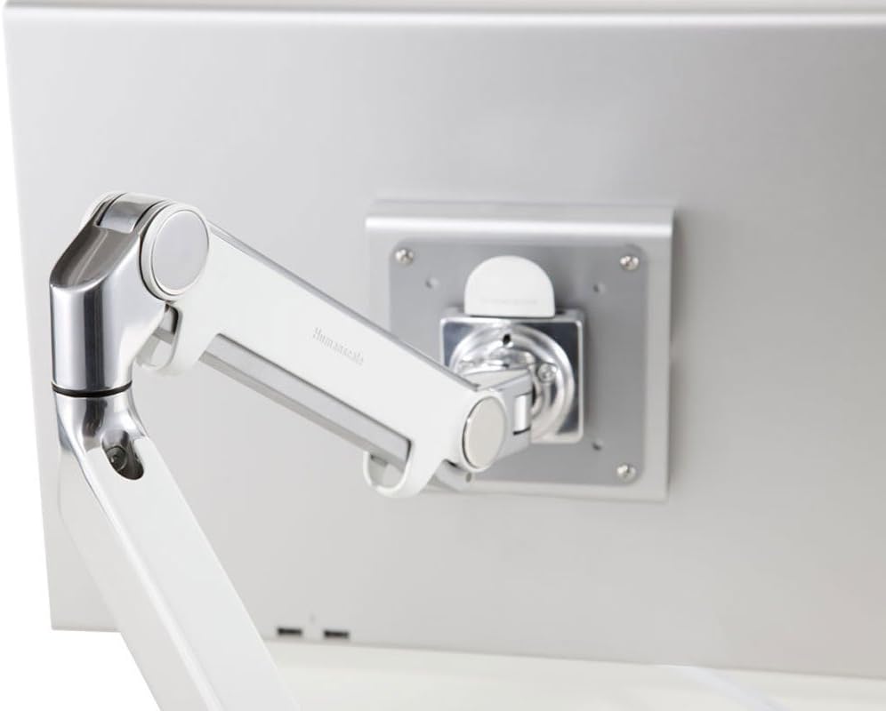 Humanscale M2 M2BW1S Adjustable Articulating Computer Monitor Arm - Bolt Through Mount with Base - Polished Aluminum with White Trim
