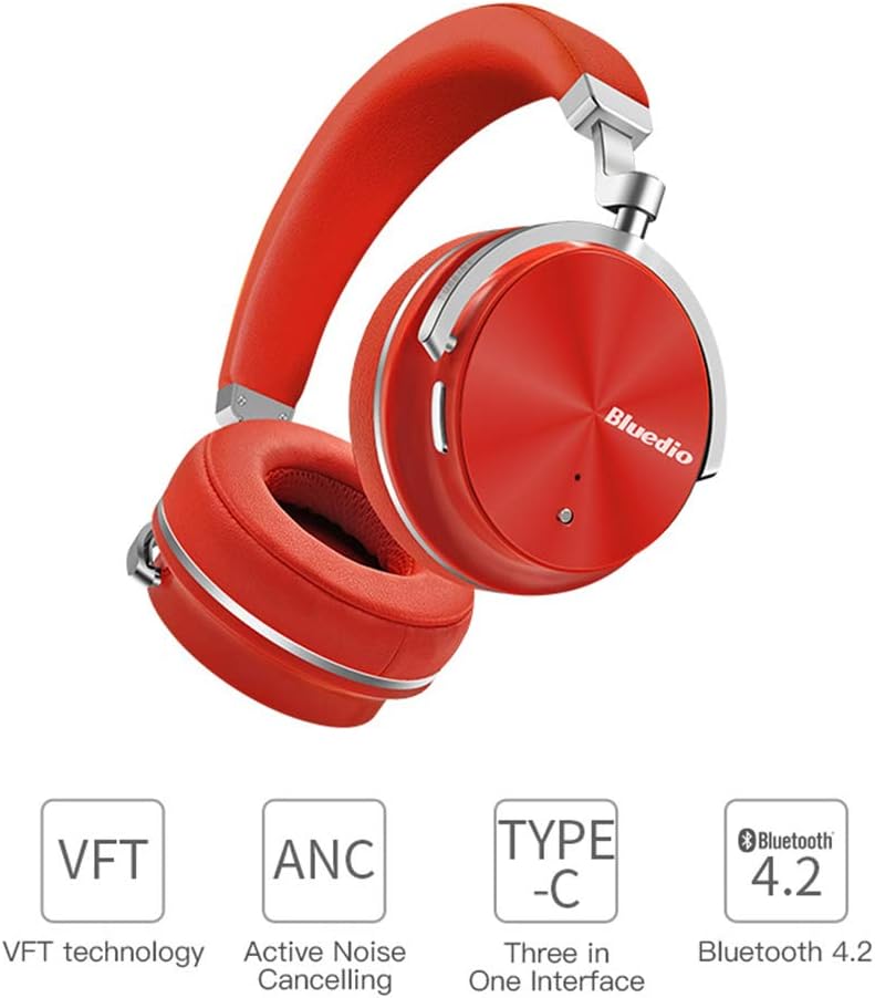Wireless Bluetooth Headphones Active Noise Cancelling Wireless Stereo Foldable Headphones Soft Memory-Protein Earmuffs Deep Bass with Mic for PC/Cell Phones/TV,Red