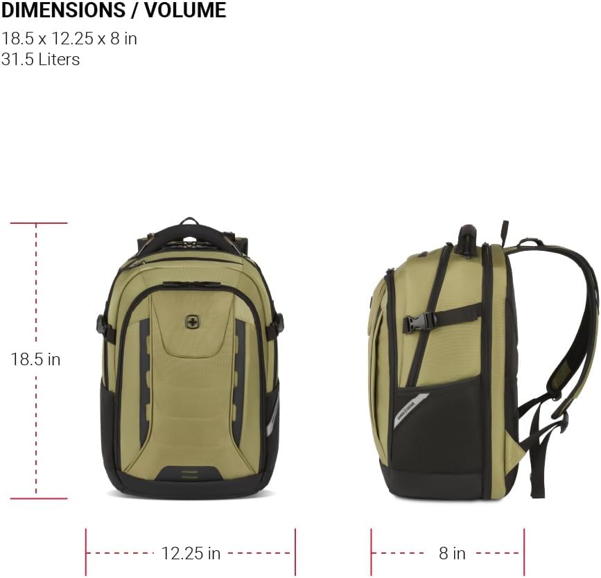 SwissGear Travel Tech Pro Laptop Backpack – Fits Laptops up to 16' – ScanSmart TSA-Friendly Backpack with Multiple Organizer Pockets – Olive