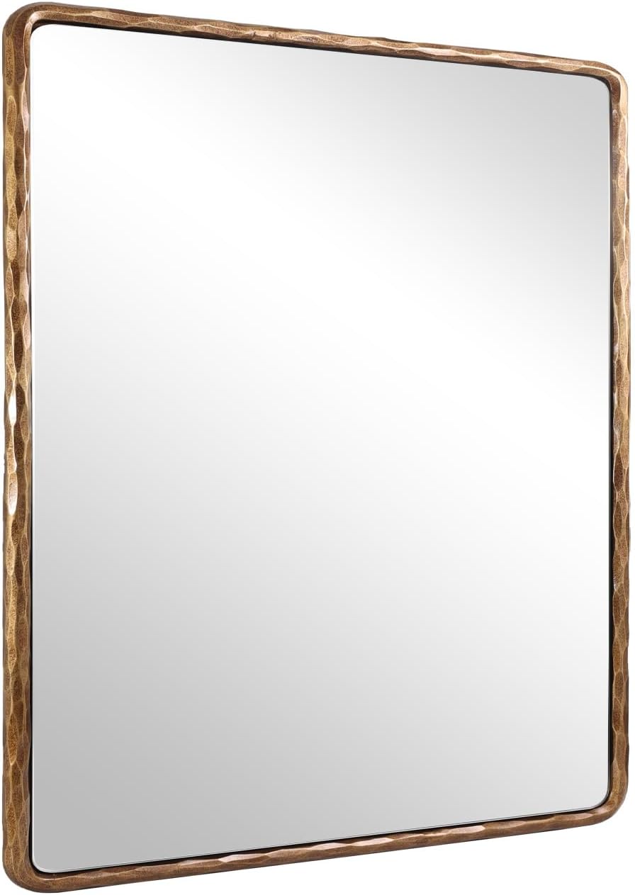 ANDY STAR Hand-Forged Gold Bathroom Mirrors for Wall, 24x30 Inch Vintage Solid Steel Metal Frame Bathroom Vanity Mirror, Antique Rounded Rectangle Wall Mirror, Hangs Horizontally or Vertically