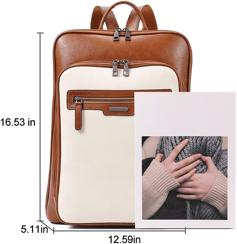 CLUCI Leather Laptop Backpack for Women 15.6 Inch Computer Travel Large Business Work Daypack Off-White with Brown