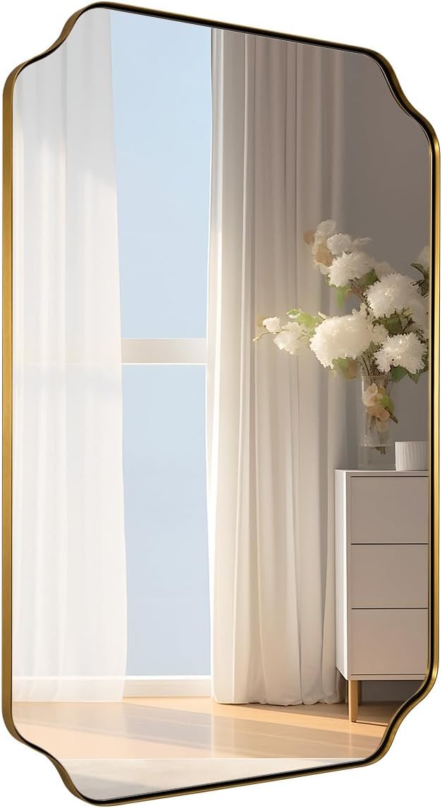 MIRRORART Gold Bathroom Mirror 24x36 Inch, Scalloped Mirrors for Bathroom Sink, Notched Corner Rectangle Mirror in 1'' Stainless Steel Metal Frame Home Remodel Wall Mount Vertical/Horizontal
