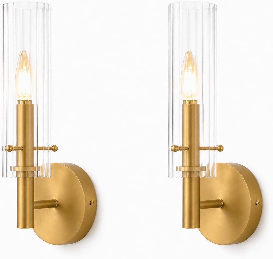 14.5 Inch Hardwired Brushed Gold Wall Sconces with Ribbed Glass Shade Brass Gold Bathroom Sconces Set of 2 (Bulb Included)