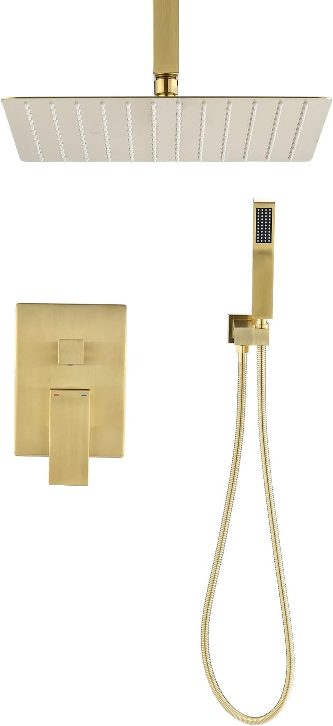 Kaimei Ceiling Mounted Rain Shower System Combo - Brushed Gold Shower Head and Handheld with 10-Inch Rainfall Spray - Easy Installation, Bathroom Shower Fixtures for Spa-Like Experience