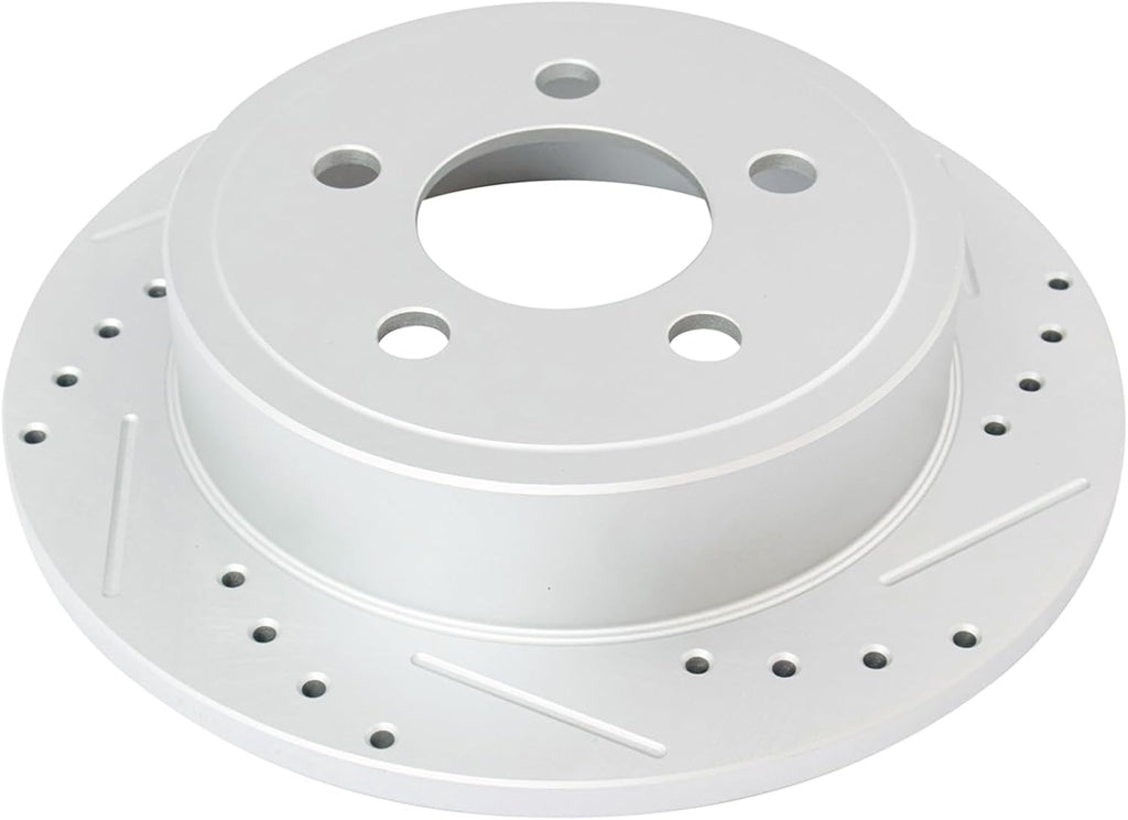 TRQ Performance Rear Brake Pad and Rotor Set Ceramic Coated Slotted Drilled Solid Rotors Calipers Compatible with 2003-2007 Jeep Liberty 2003-2006 Wrangler