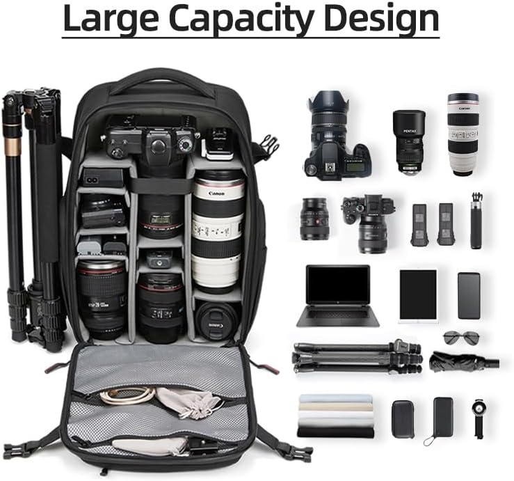 Camera backpack photographer, waterproof large DSLR camera backpacks for photographers large with 16-Inch Laptop Compartment, black backpack Fits drone