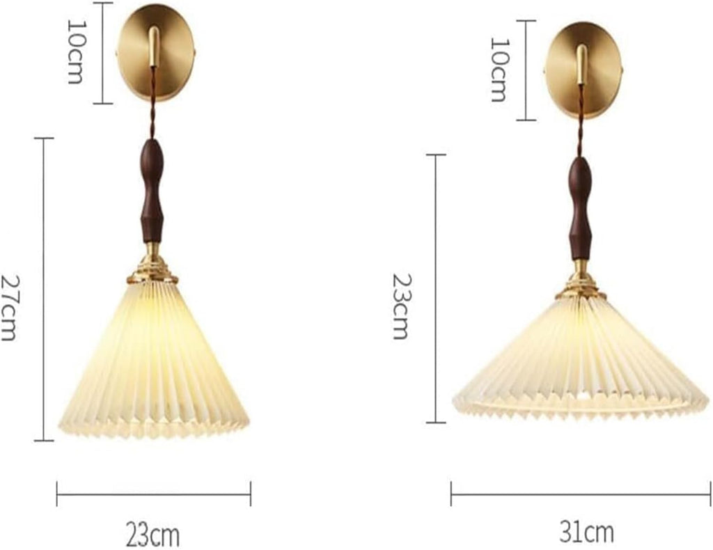 Wall Lamps Sconces Scandinavian Walnut Nightstand Wall Fixture Brass Hallway Accent Light with Pleated Fabric Cover Gold Tone Lamp Indoor Wired Mid-Century Bedroom Mounted Lighting for Bathroom D