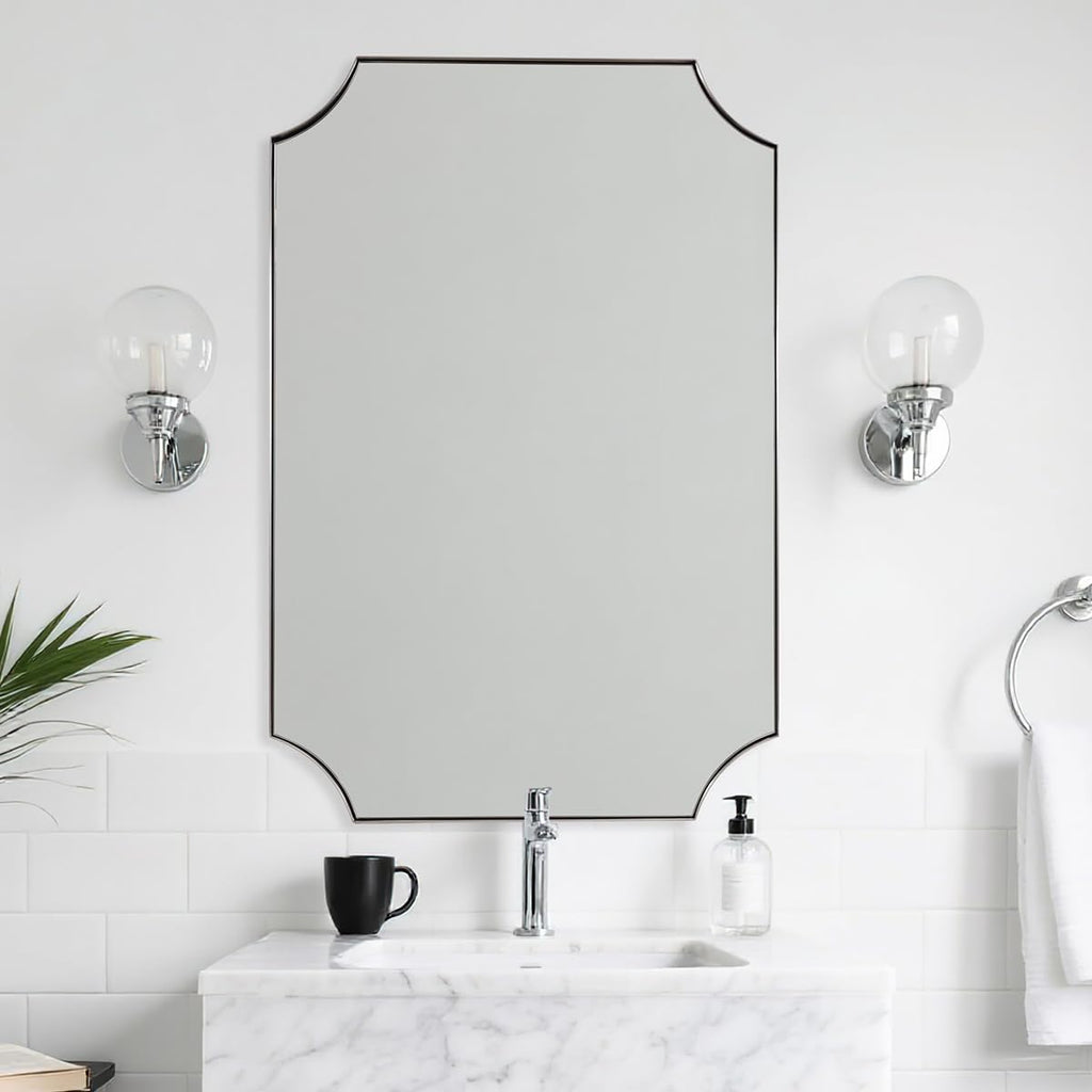 MIRRORART Brushed Nickel Mirrors 24x36 Inch, Contemporary Scalloped Silver Bathroom Mirrors, Notched Corner Rectangle Mirror for Home Remodel in 1'' Stainless Steel Metal Frame Wall Mount Two Ways