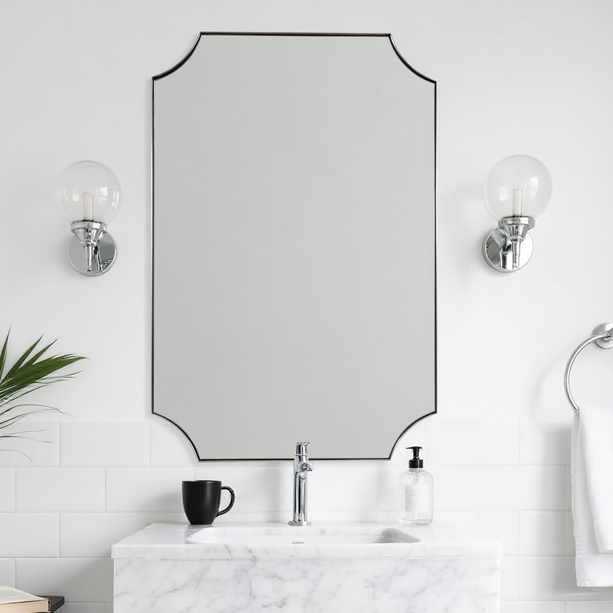 MIRRORART Brushed Nickel Mirrors 24x36 Inch, Contemporary Scalloped Silver Bathroom Mirrors, Notched Corner Rectangle Mirror for Home Remodel in 1'' Stainless Steel Metal Frame Wall Mount Two Ways