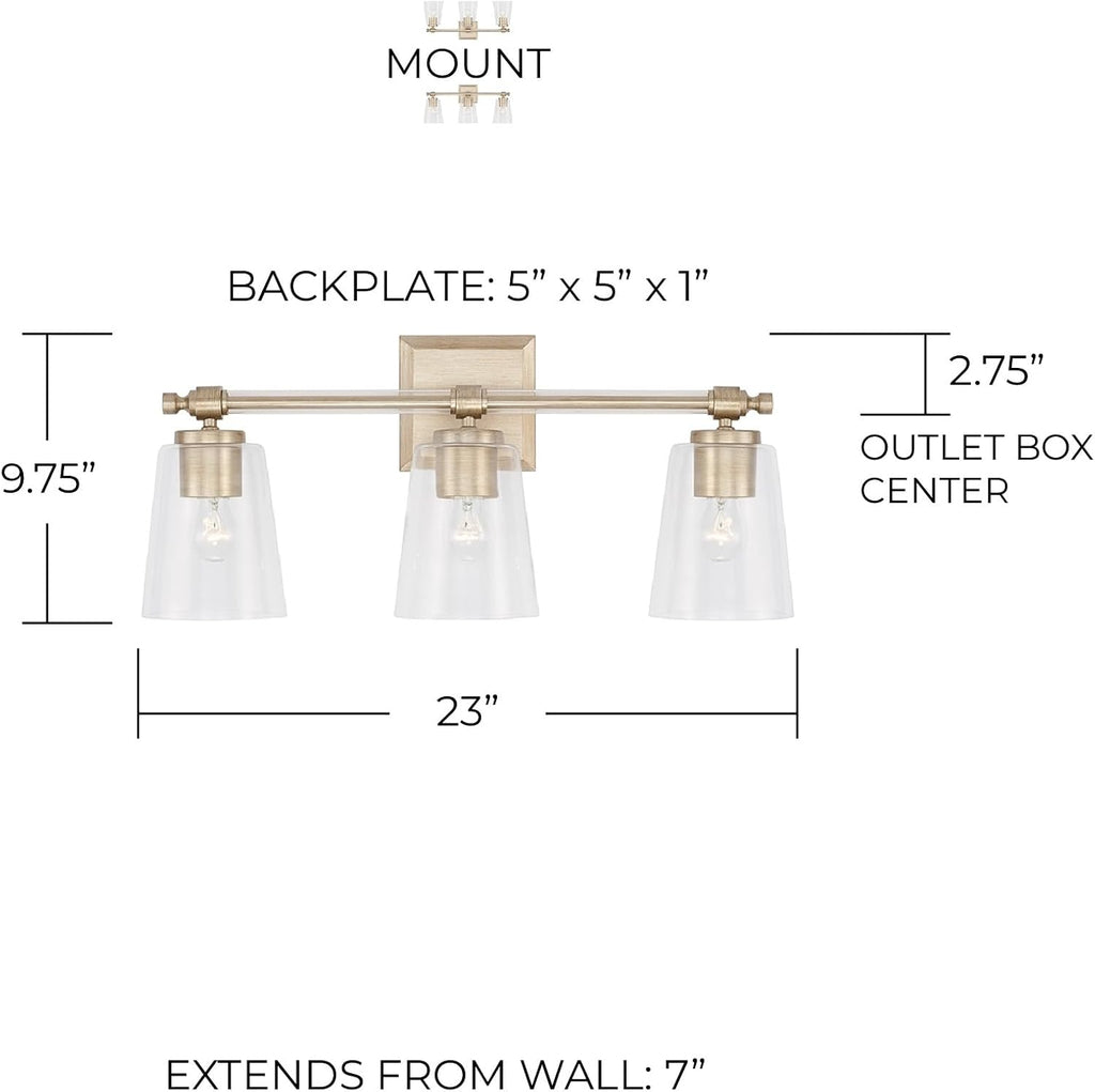 Capital Lighting 144831BS-523 Breigh Modern Clear Glass Cylinder Vanity Lights for Bathroom, 3-Light 300 Total Watts, 10' H x 23' W, Brushed Champagne