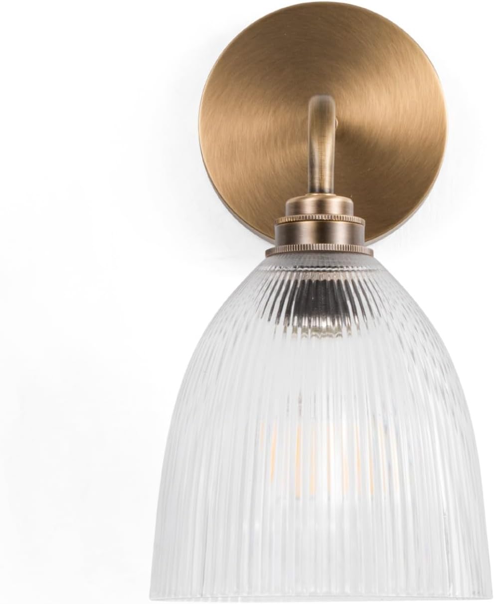 Hardwired Antique Brass Wall Sconces with Ribbed Glass Shades, Aged Brass Sconce Vintage Wall Light Fixture for Bathroom, Bedroom, Hallway, Kitchen (Bulb Included)