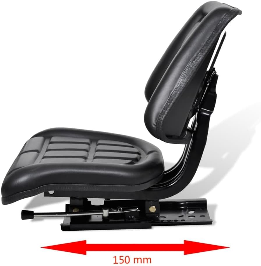 vidaXL Black Tractor Seat with Backrest – Comfortable Farming Vehicle Accessory with Easy Sliding Track Installation – Durable and Waterproof Polyurethane Cover – 5.9' Longitudinal Adjustment Range