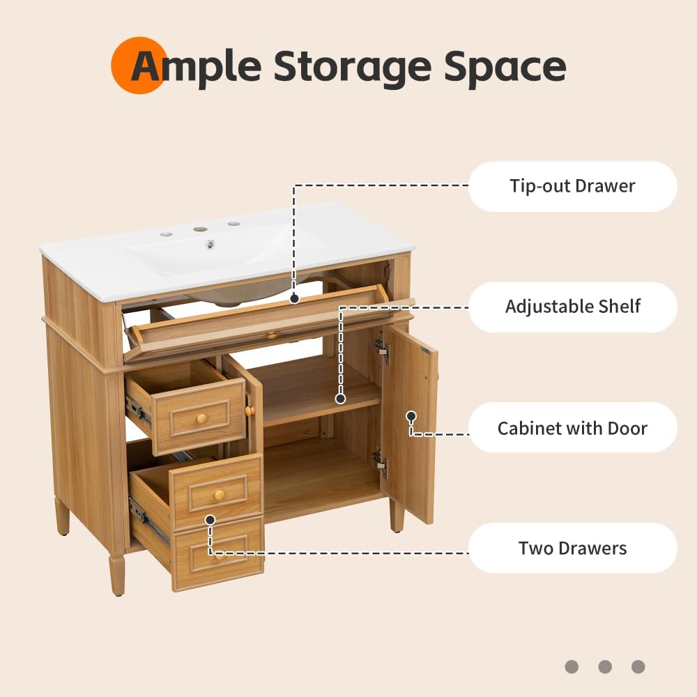 36 Inch Bathroom Vanity with Sink, Single Sink Bathroom Vanities, Gold Handles Bathroom Sink Cabinet (Wood)