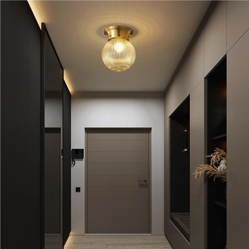 Brass Flush Mount Ceiling Light Modern Gold Tone E27 Fixture with Textured Glass Globe Shade Elegant Small Space Lighting for Hallway Entryway Balcony(B)