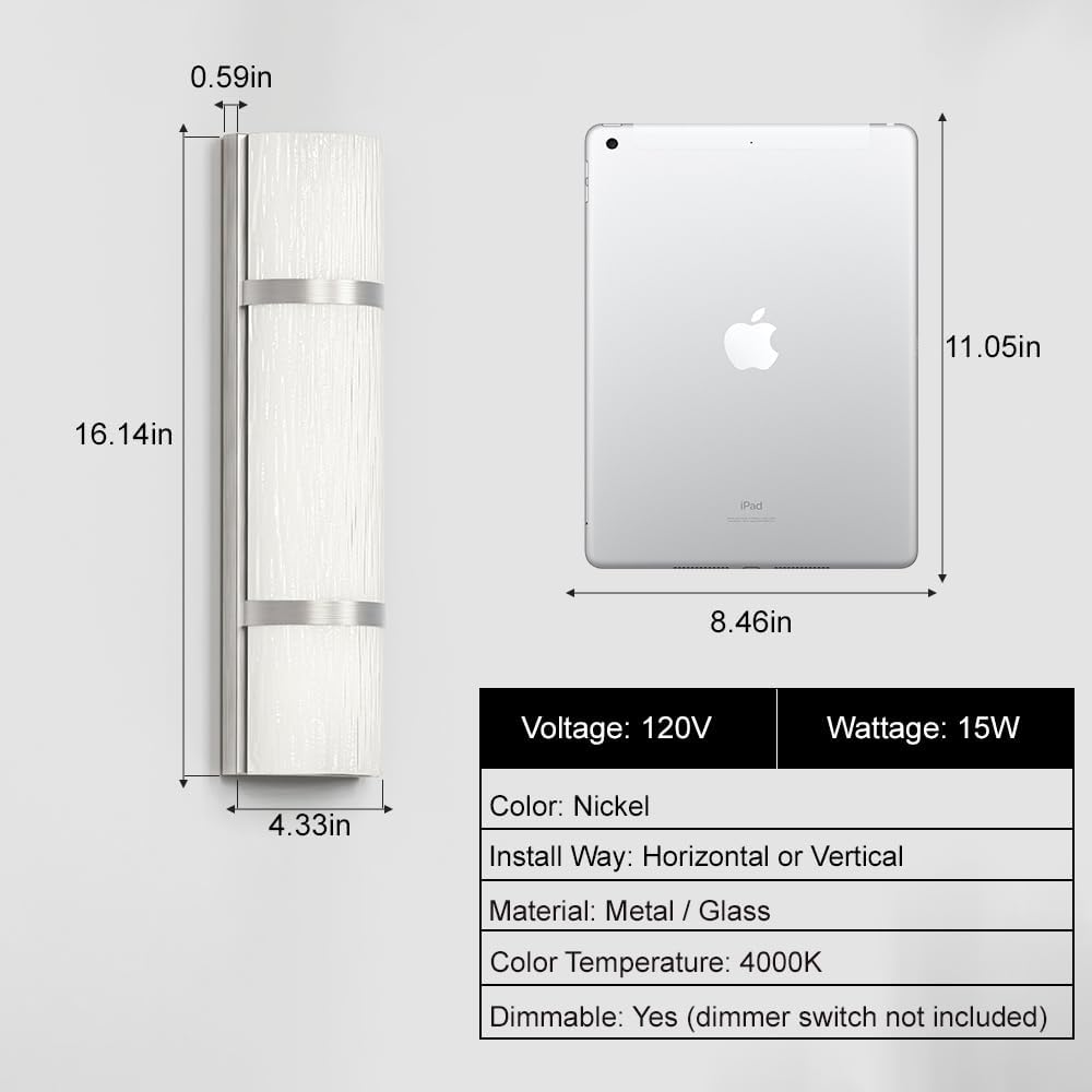 LED Bathroom 16 Inch Vanity Lighting Fixtures | CRI 90 4000K Brushed Nickel Wall Sconce Set of Two with White Frosted Glass Shade | 120V 15W 1200LM Dimmable with Dimmer Switch(not Included)