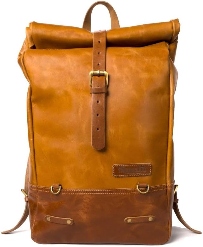 Trip Machine Company Full Grain Leather Roll Top Motorcycle Backpack Pannier – Quick Mount 15L Waterproof Laptop Bag (Vintage Tan)