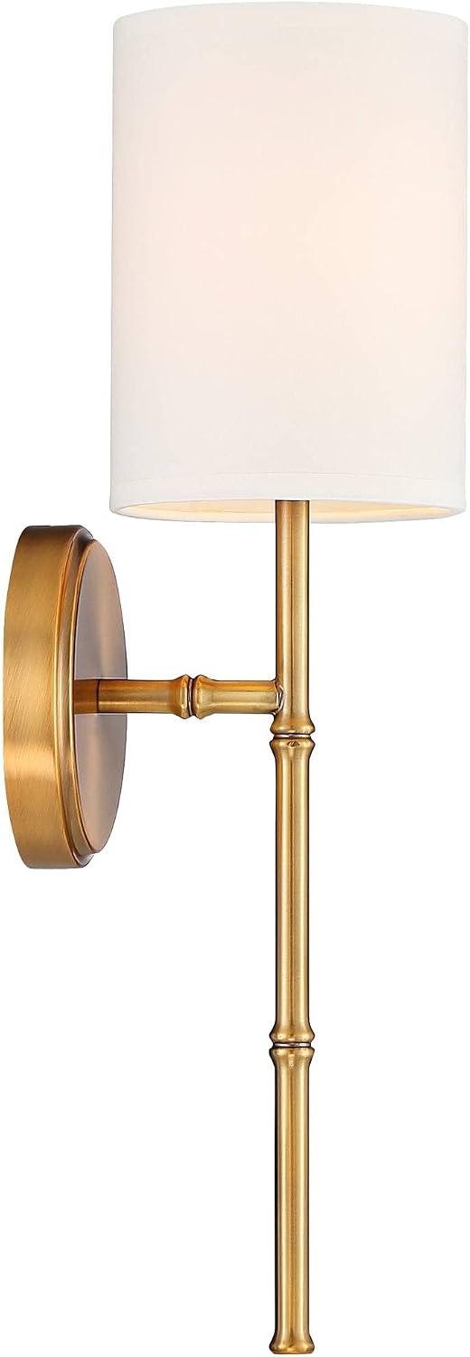 Regency Hill Abigale Modern Wall Light Sconces Set of 2 Brass Gold Metal Hardwired 5' Fixture White Fabric Shade for Bedroom Bathroom Vanity Living Room Home Hallway Dining Kitchen House