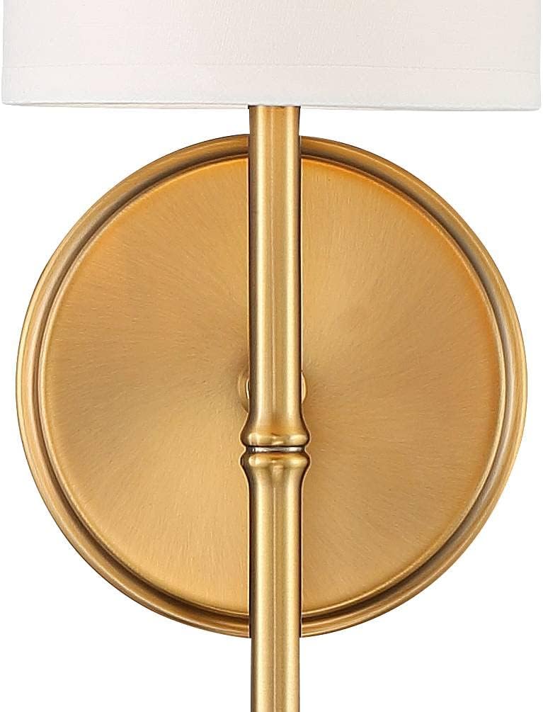 Regency Hill Abigale Modern Wall Light Sconces Set of 2 Brass Gold Metal Hardwired 5' Fixture White Fabric Shade for Bedroom Bathroom Vanity Living Room Home Hallway Dining Kitchen House