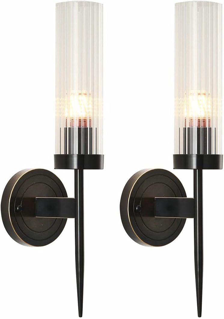 BOKT Mid Century Modern Black Slim Wall Sconce Lighting Set of Two 1-Light Clear Cylinder Glass Sconces Wall Lighting Set of 2 Minimalist Single Bathroom Vanity Light Fixture
