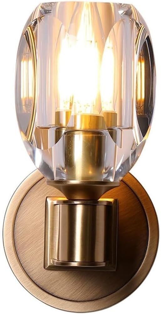 Modern Brass Wall Sconce with Faceted Crystal Shade Upward Facing Wall Light Fixture E14/E12 Base Brushed Gold Tone Bedside Lamp Contemporary Decor for Bedroom Living Room Hallway
