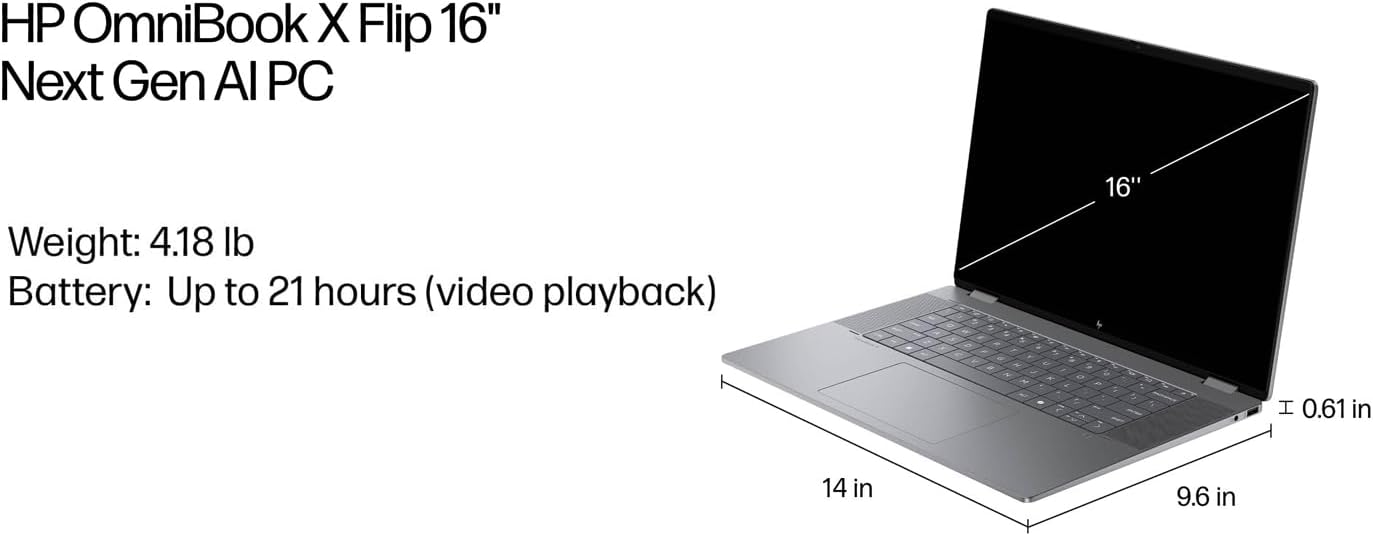 HP OmniBook X Flip 16' 2K Touchscreen 2-in-1 Copilot+ Laptop, AMD Ryzen AI 5 340, 16GB RAM 1TB SSD, Wi-Fi 6E, Bluetooth 5.3, Backlit Keyboard, 256gb 9H Docking Station, Windows 11 Pro, Meteor Silver