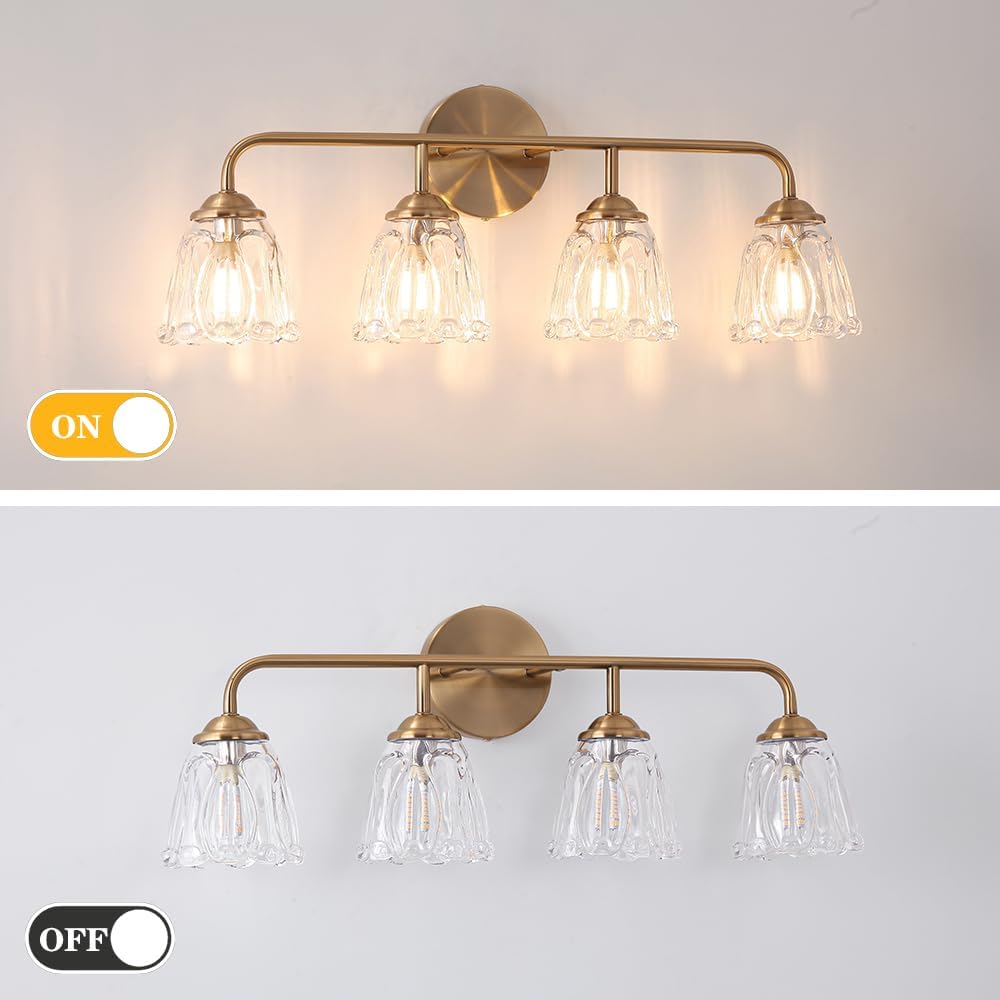 Daunton Vintage Bathroom Vanity Light, Brown Bronze Vanity Lighting, 4-Light Bathroom Lighting Fixtures Over Mirror, Elegant Flower Glass Light with Clear Shade, Gold Wall Sconce Lighting for Bedroom