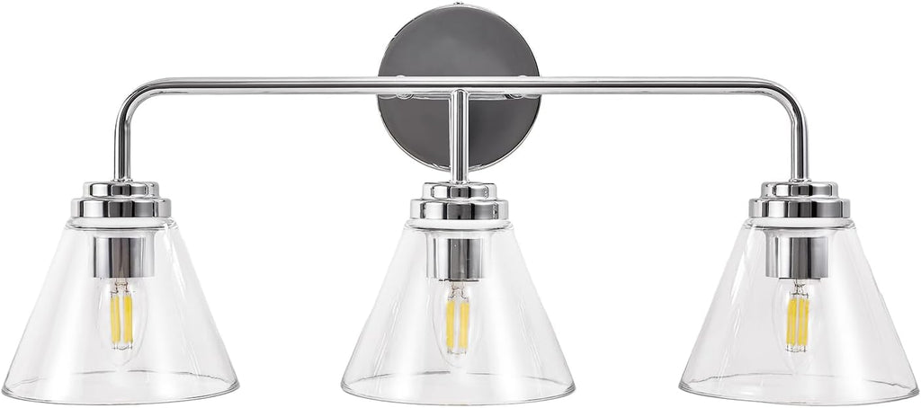 ANDY STAR Vanity Lights for Bathroom 3 Light - Chrome Bathroom Light Fixtures with Clear Cone-Shaped Glass, Polished Modern Geometric Design Wall Lights for Hallway, Bedroom, E26 Base (No Bulbs)