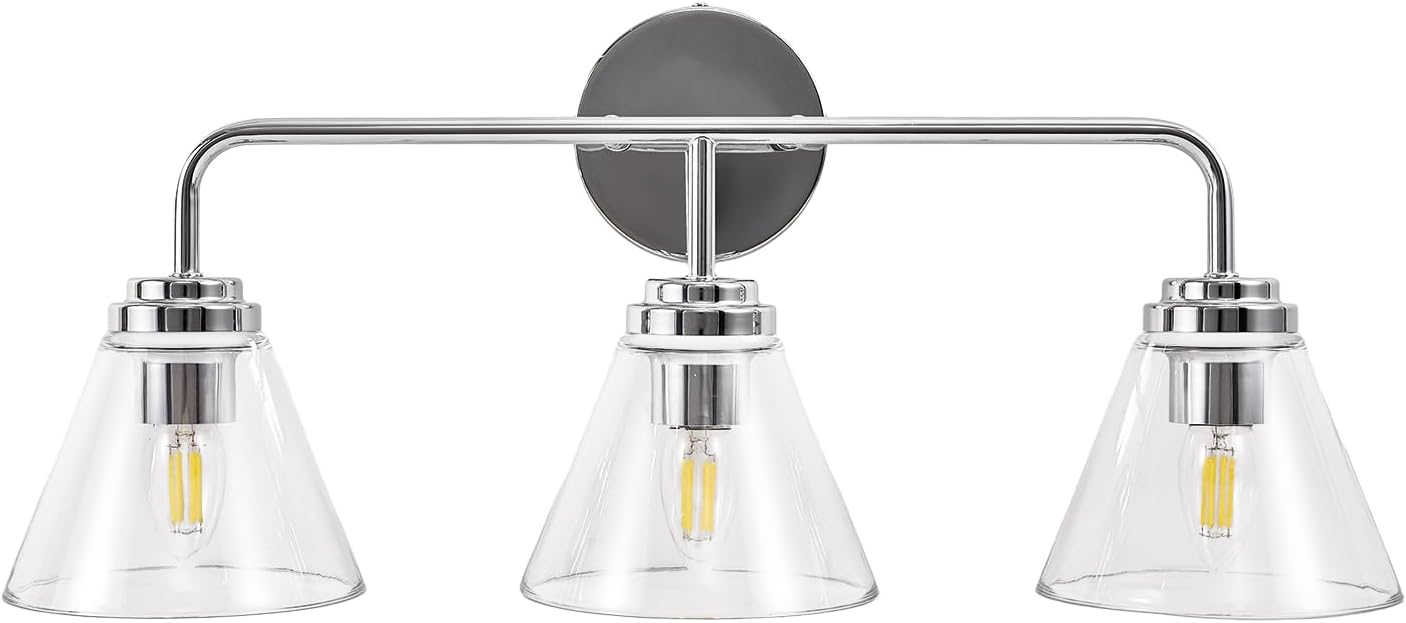 ANDY STAR Vanity Lights for Bathroom 3 Light - Chrome Bathroom Light Fixtures with Clear Cone-Shaped Glass, Polished Modern Geometric Design Wall Lights for Hallway, Bedroom, E26 Base (No Bulbs)