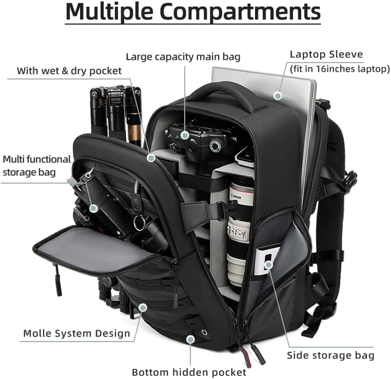Camera backpack photographer, waterproof large DSLR camera backpacks for photographers large with 16-Inch Laptop Compartment, black backpack Fits drone