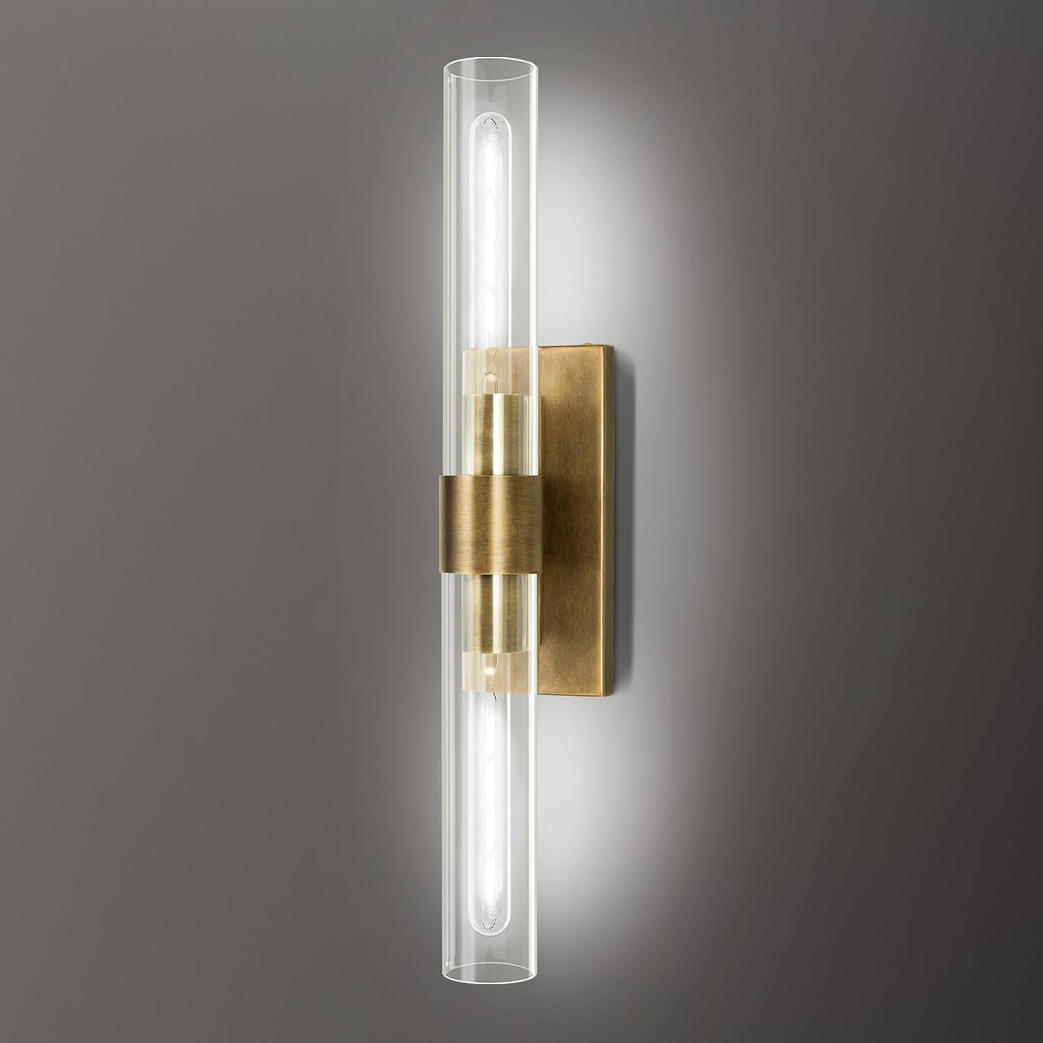 Brass and Glass Wall Sconces, 22.8' Vanity Lights for Bathroom 2 Lights, Horizontal or Vertical Linear Gold Wall Lamp, Indoor Sconces Wall Lighting, Tube Sconce for Living Room, Hallway