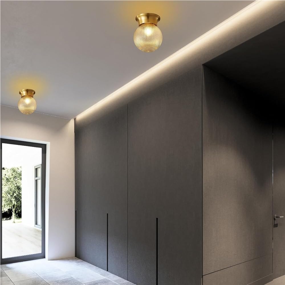 Flush Mount Ceiling Light Modern Brass Gold Tone Fixture with Textured Glass Globe Shade E27 Base Elegant Small Space Lighting for Hallway Entryway Balcony Bedroom(B)